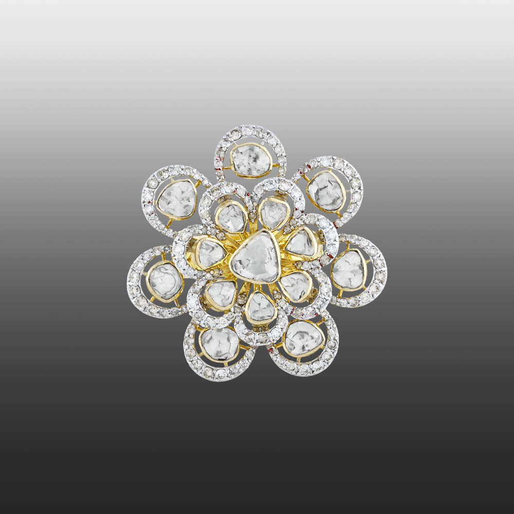 Full White Floral Polki Ring with Diamond Halo